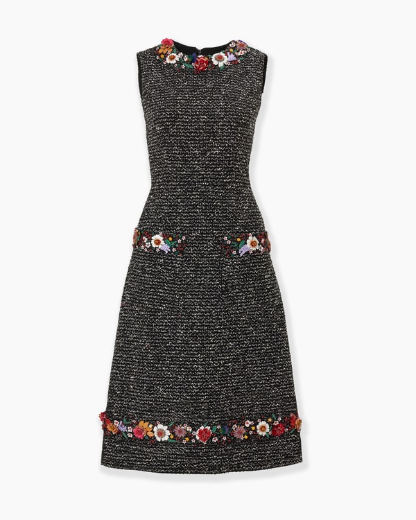 Floral-Embroidered Tweed Midi Dress