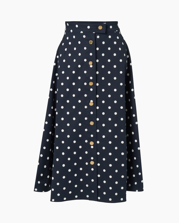 Polka Dot Button-Front Midi Skirt