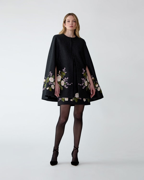 Rose-Embroidered Wool Cape