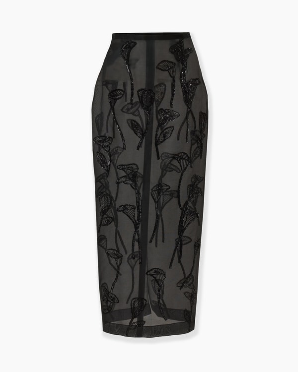 Floral-Embroidered Organza Column Skirt