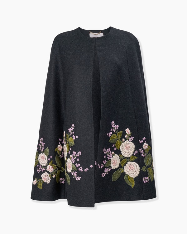 Rose-Embroidered Wool Cape