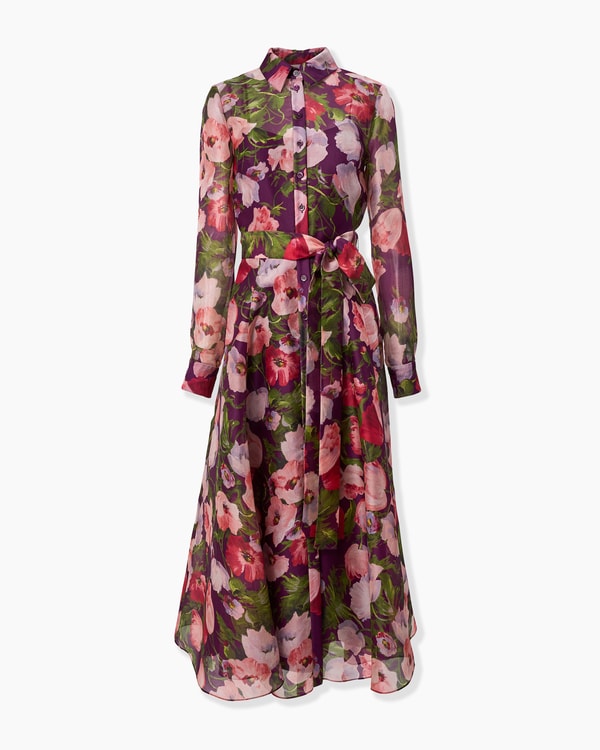 Poppy-Print Organza Trench Dress