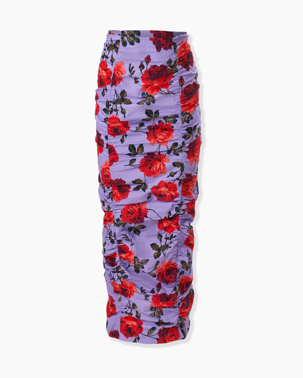 Rose-Print Ruched Midi Skirt