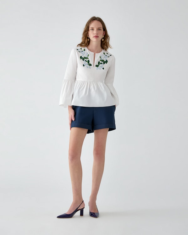Floral-Embroidered Bell Sleeve Top