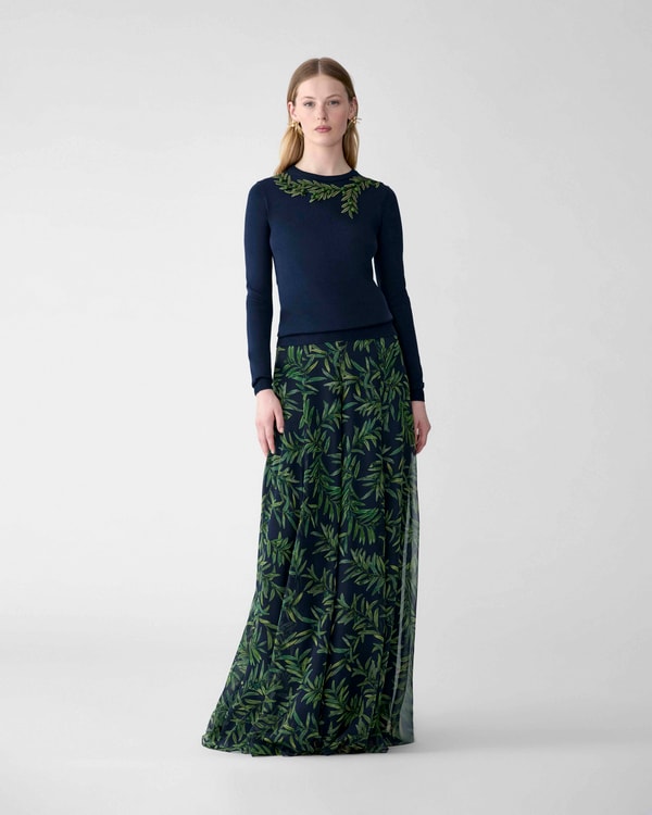 Olive Branch-Print Extra-Wide Leg Iris Pants