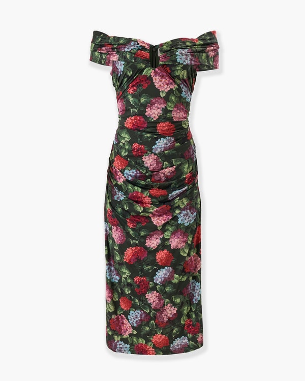 Hydrangea-Print Jersey Off-Shoulder Dress