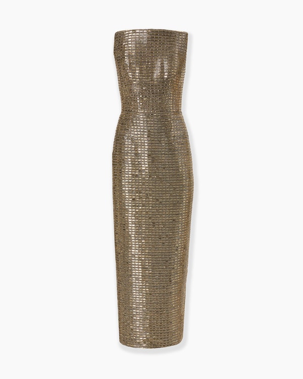 Gold-Embroidered Strapless Gown