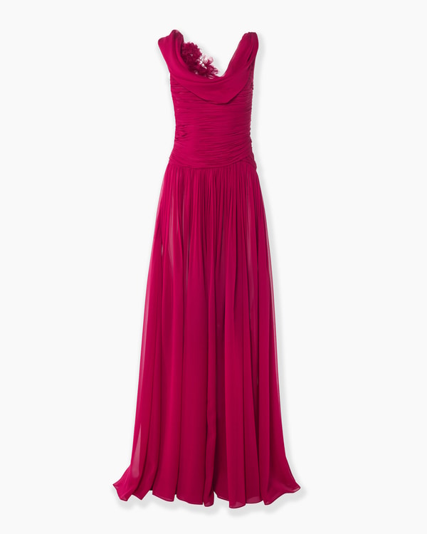 Draped Chiffon Gown with Floral Embellishment