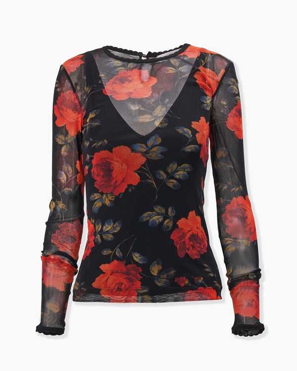 Rose-Print Mesh Top