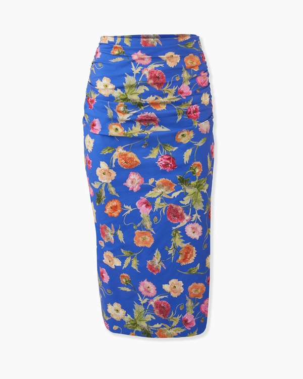 Poppy-Print Ruched Midi Skirt
