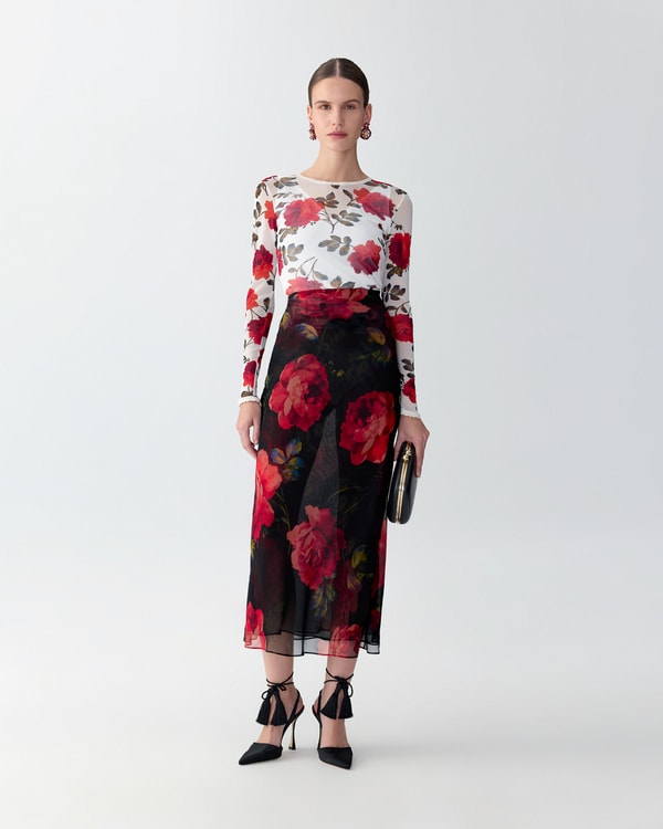 Rose-Print Mesh Top