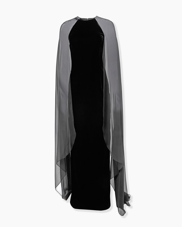 Stretch Velvet Column Gown with Cape