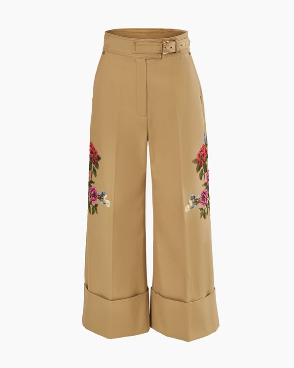Floral-Embroidered Gabardine Cropped Wide Leg Pants