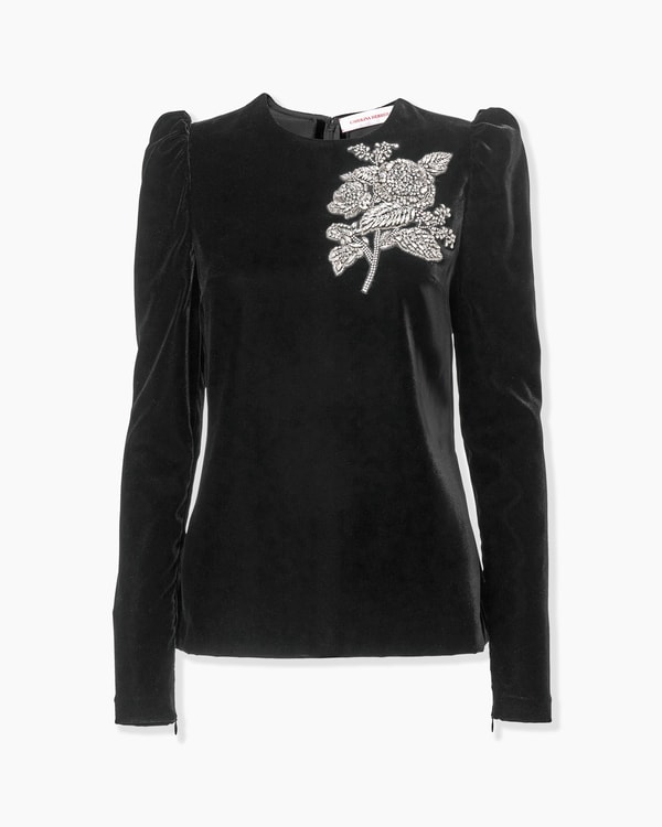 Rose-Embroidered Stretch Velvet Top