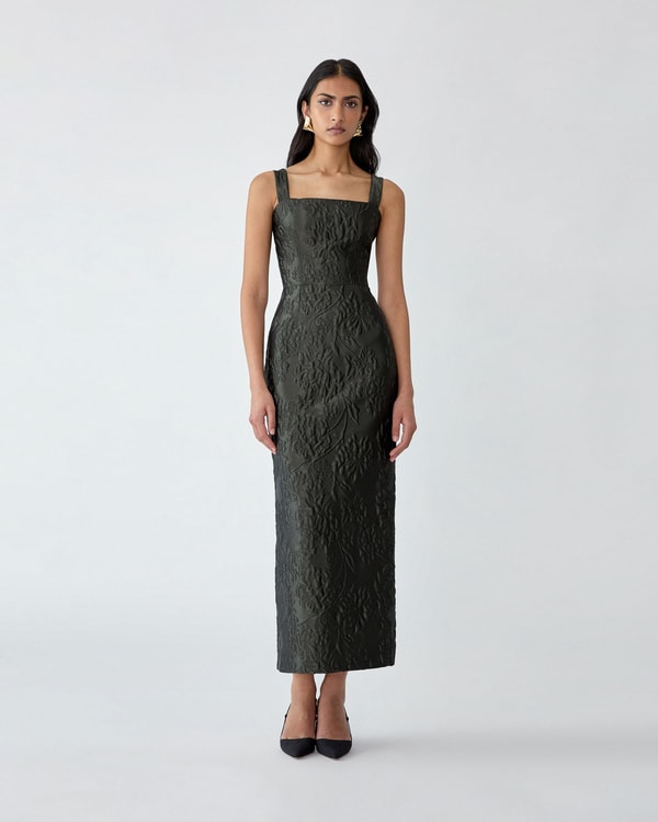 Floral Cloque Lurex Jacquard Column Dress