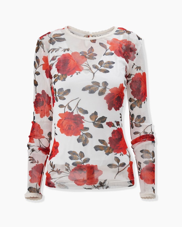 Rose-Print Mesh Top