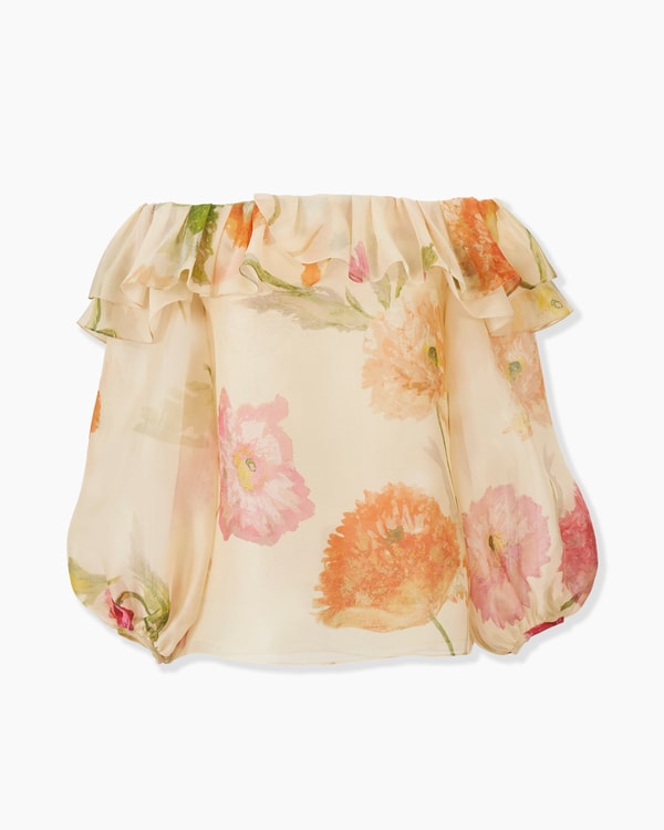Poppy-Print Organza Puff Sleeve Top