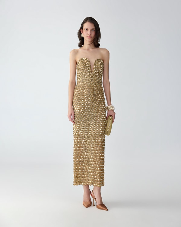 Gold Embellished Deep V-Neck Dress