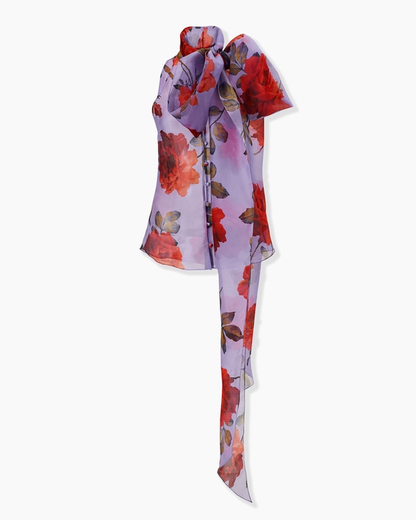 Rose-Print Organza Top with Bow