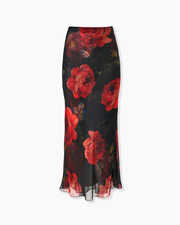 Rose-Print Chiffon Midi Slip Skirt