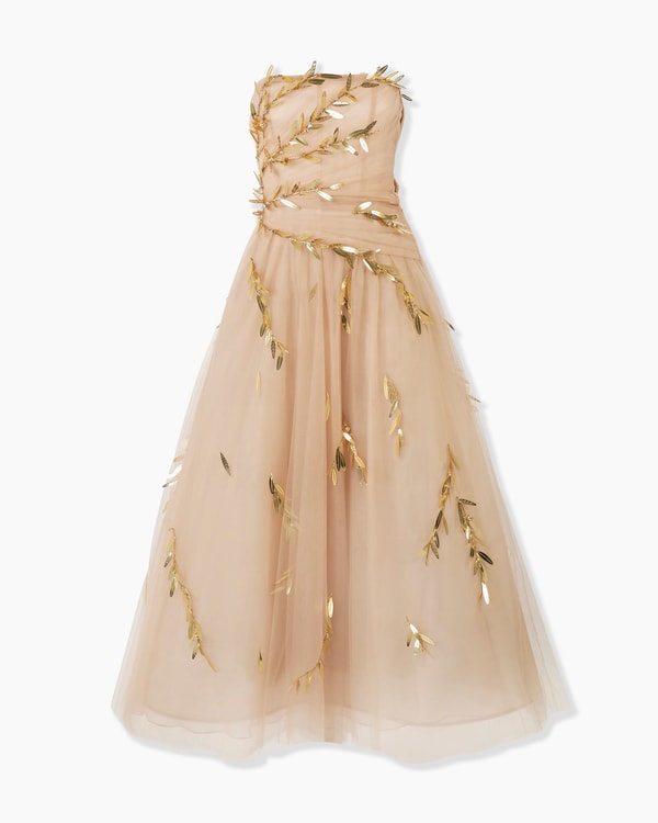 Embroidered Tulle Strapless Midi Dress