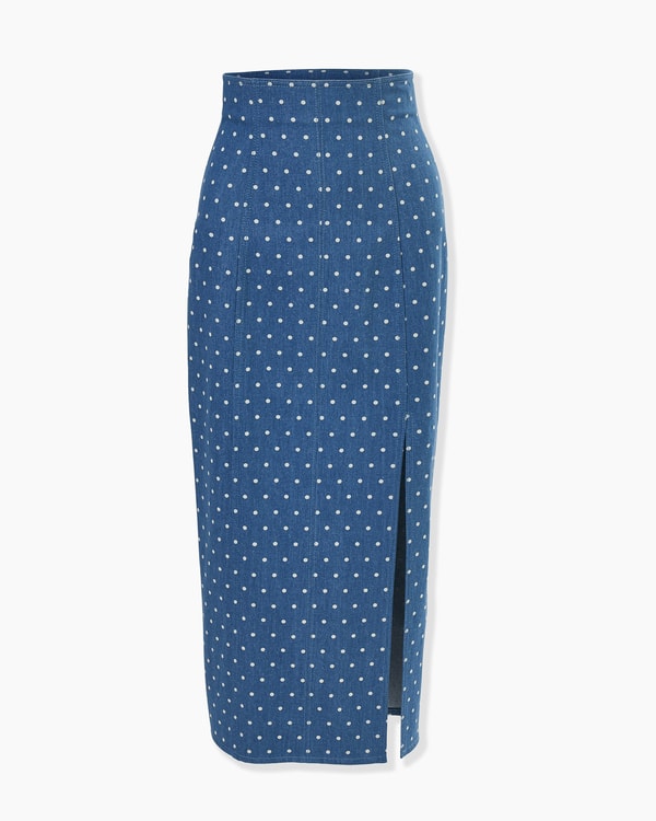 Polka Dot Denim High-Waist Midi Skirt