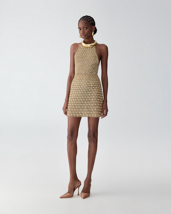 Gold Embellished Halterneck Mini Dress