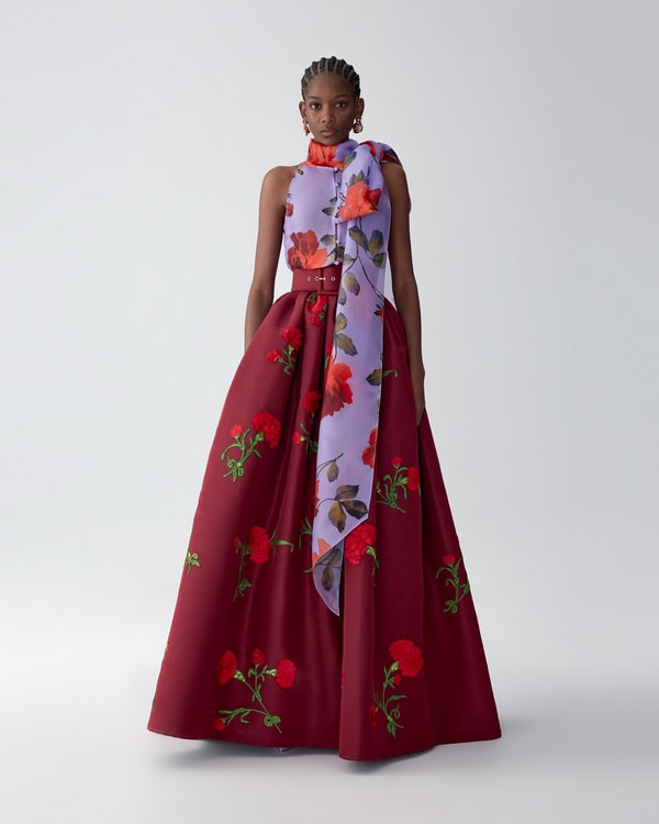 Carnation-Embroidered Ball Skirt