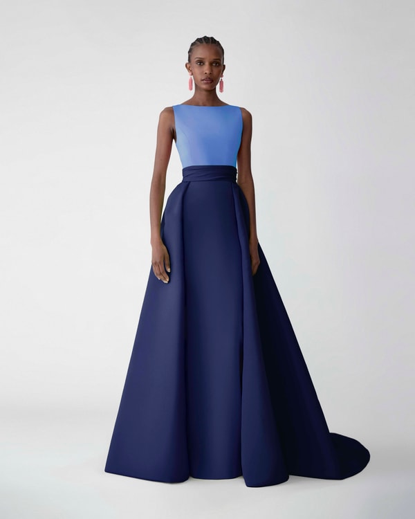 Color-Blocked Column Gown with Overskirt