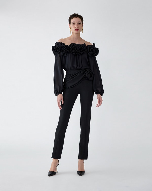 Off-Shoulder Chiffon Top with Rosettes