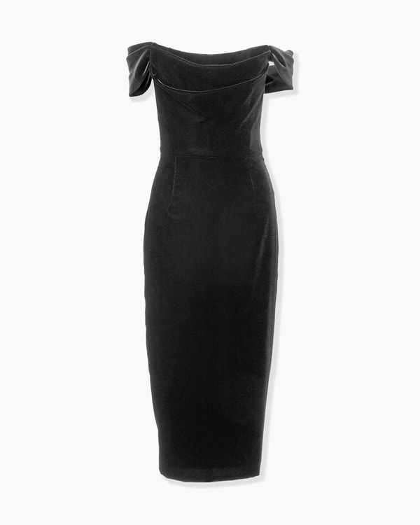 Off-Shoulder Stretch Velvet Midi Dress