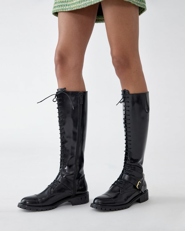 Spazzolato Leather Tall Lace-Up Boots