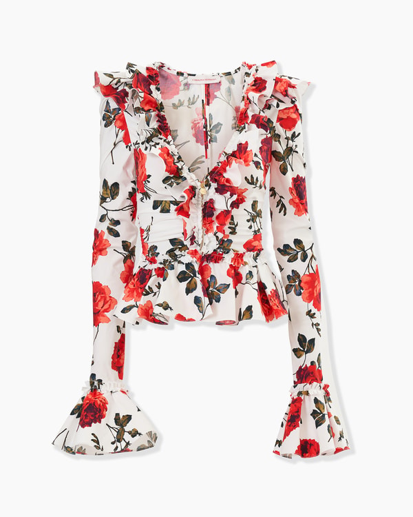 Rose-Print Ruched Ruffle Top