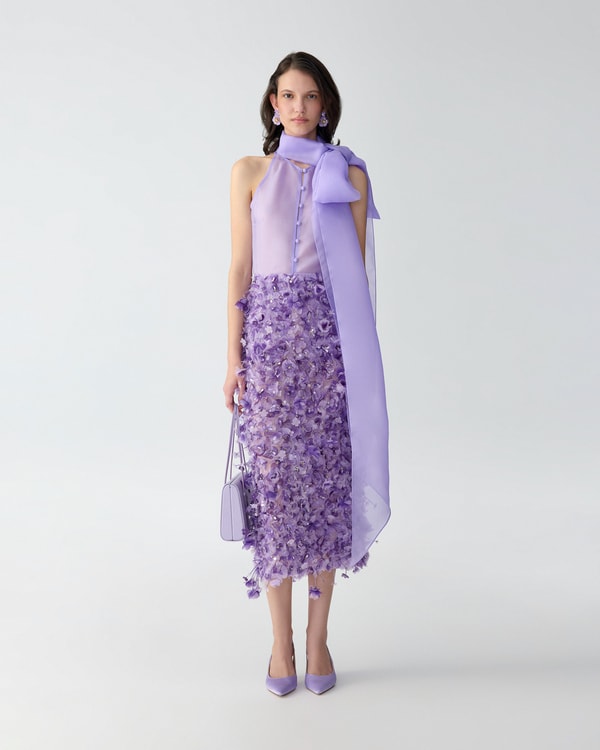 Violet-Embroidered Pencil Skirt