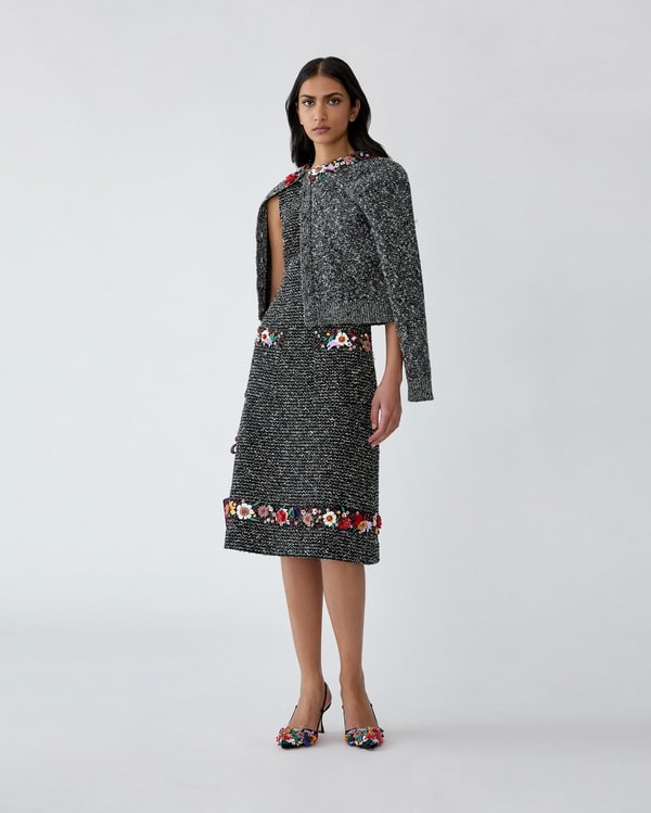 Floral-Embroidered Bouclé Cardigan