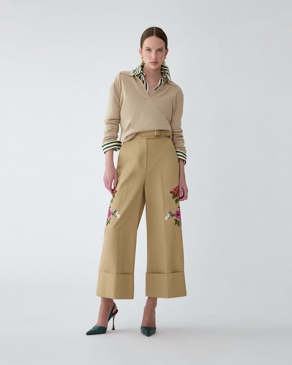 Floral-Embroidered Gabardine Cropped Wide Leg Pants