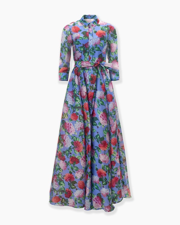 Hydrangea-Print Organza Trench Gown