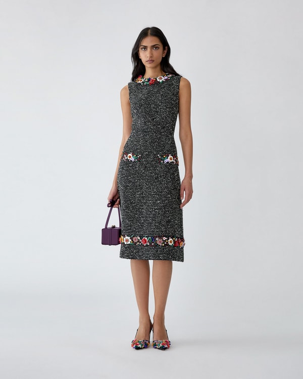 Floral-Embroidered Tweed Midi Dress