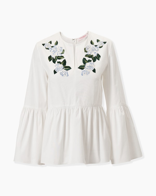 Floral-Embroidered Bell Sleeve Top