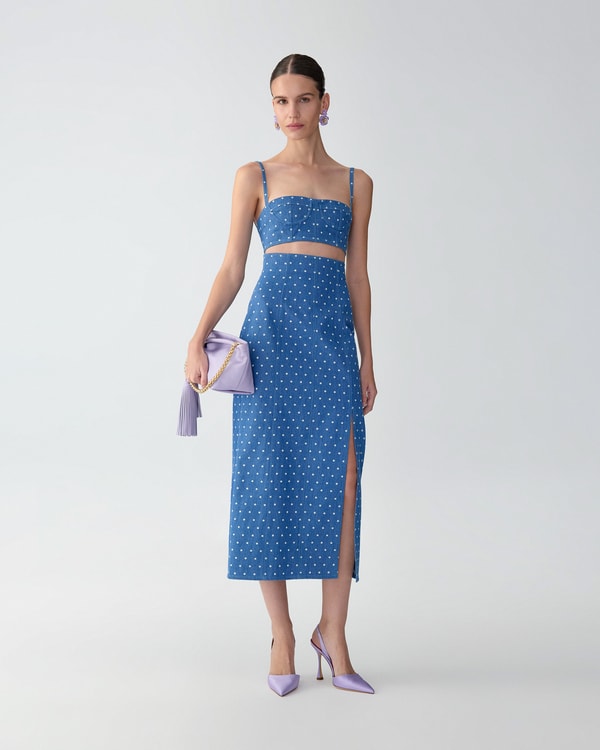 Polka Dot Denim Cropped Bustier Top