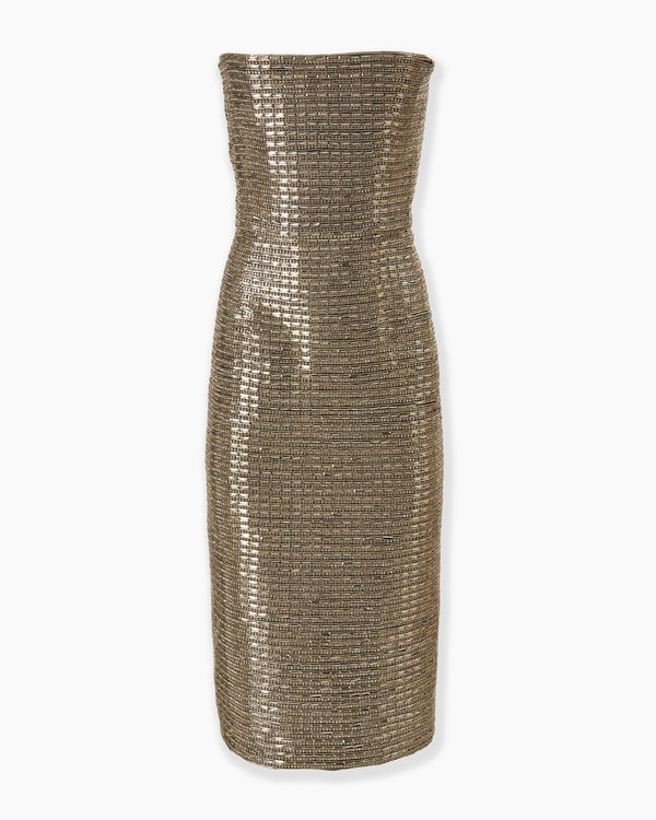 Gold-Embroidered Strapless Dress