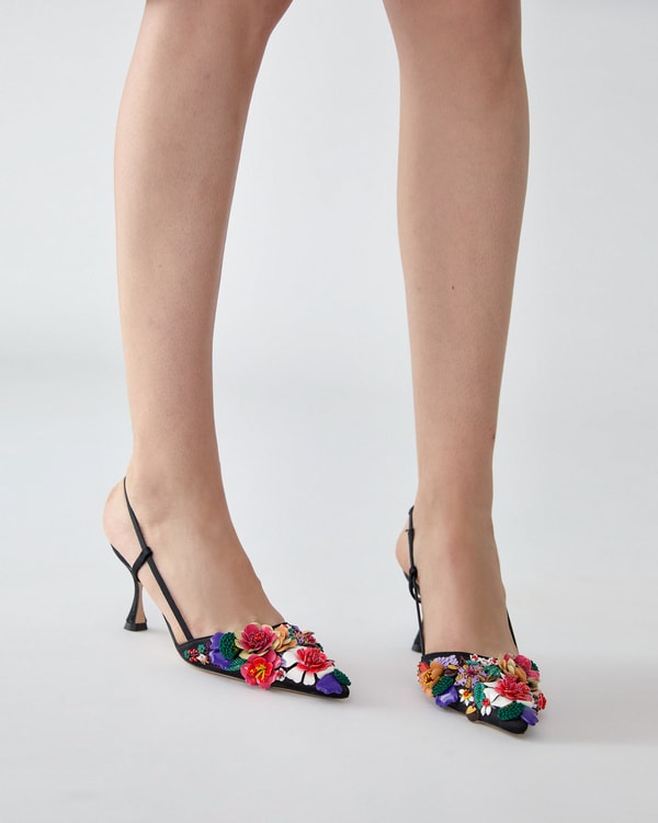 Floral-Embroidered Slingback Pumps