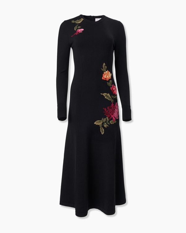 Chrysanthemum-Embroidered Midi Knit Dress