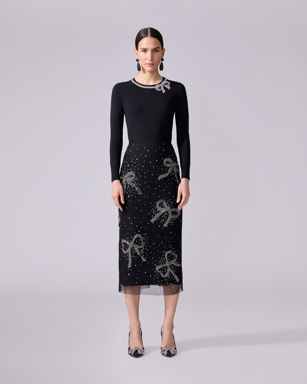 Bow-Embroidered Pencil Skirt