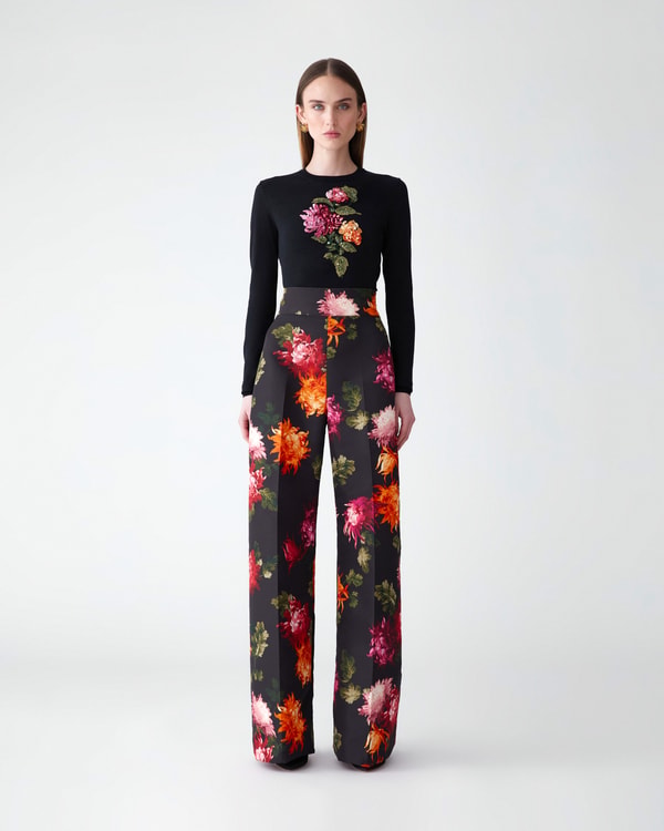 Chrysanthemum-Print Wide-Leg Diane Pants