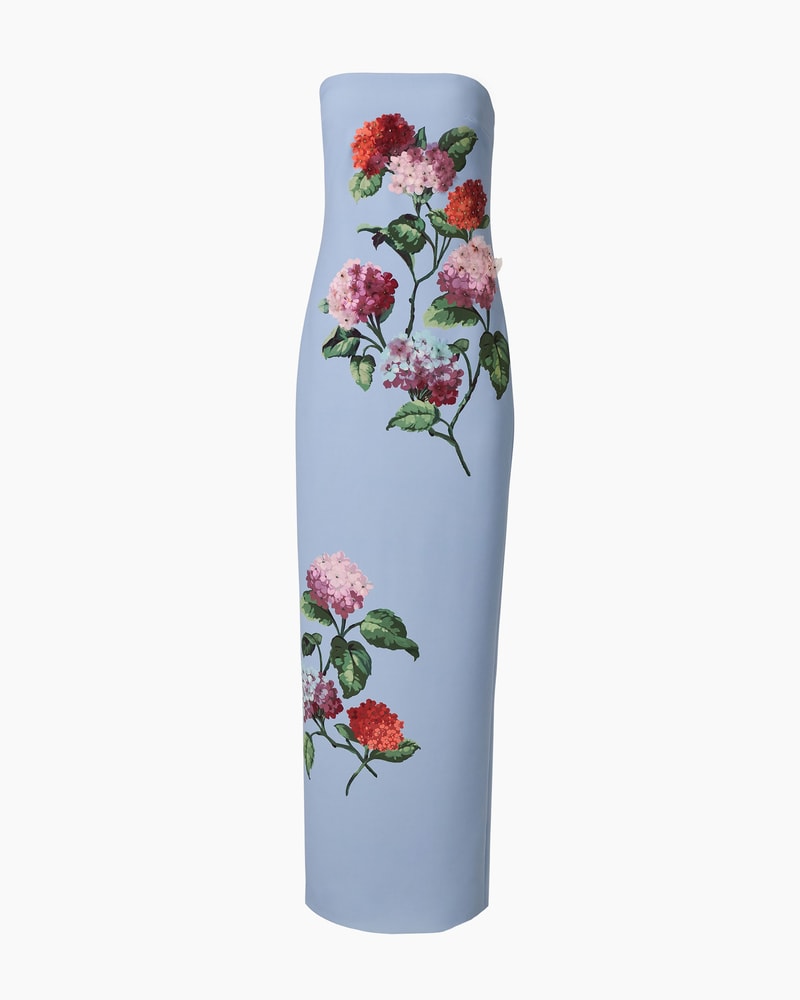 Hydrangea-Embroidered Column Gown