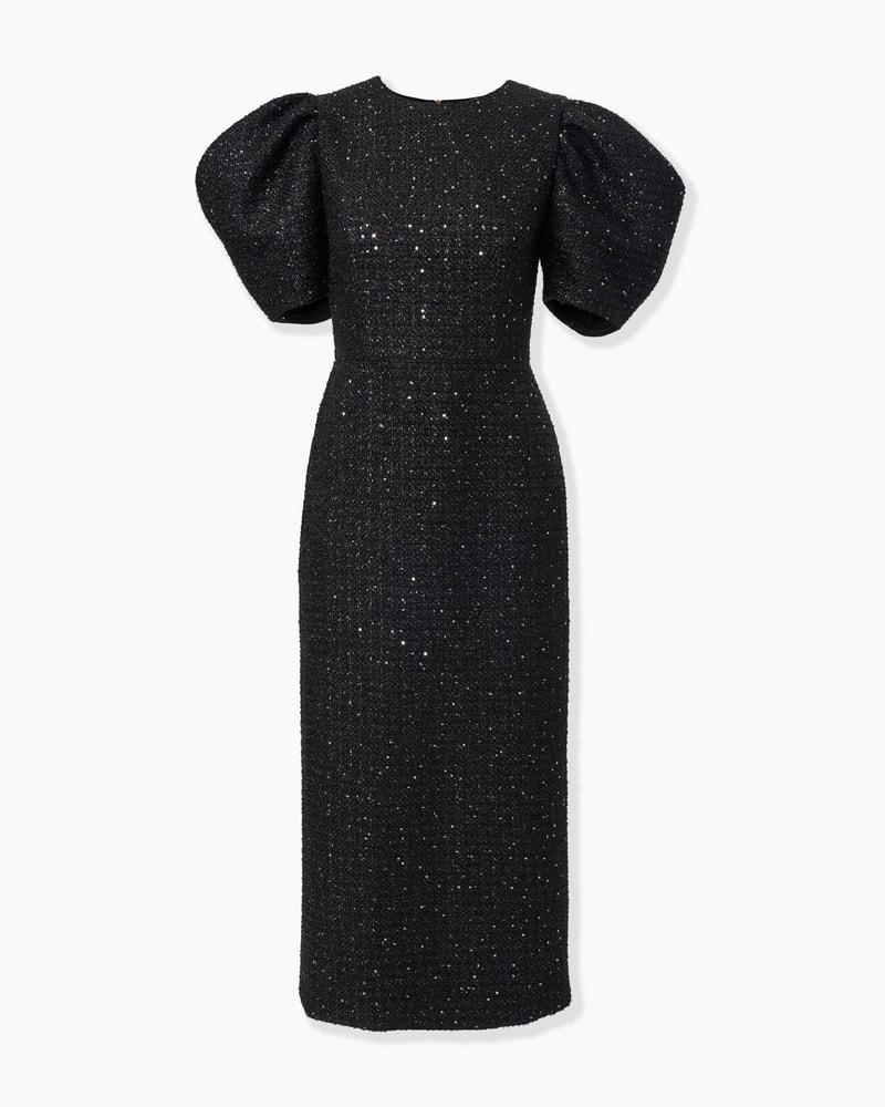 Lurex Tweed Puff-Sleeve Midi Dress