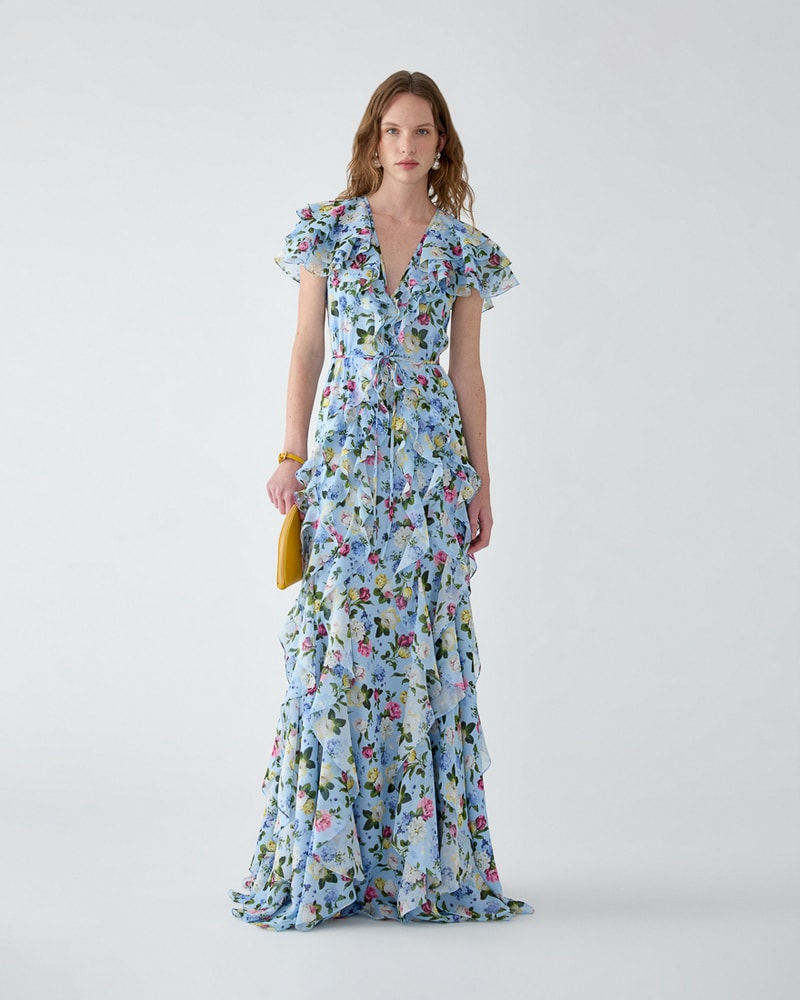 Ruffled Floral-Print Chiffon Gown