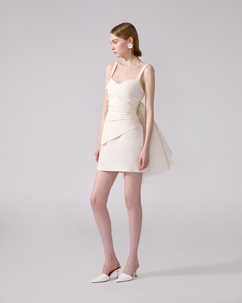 Wrap Bodice Mini Dress With Watteau