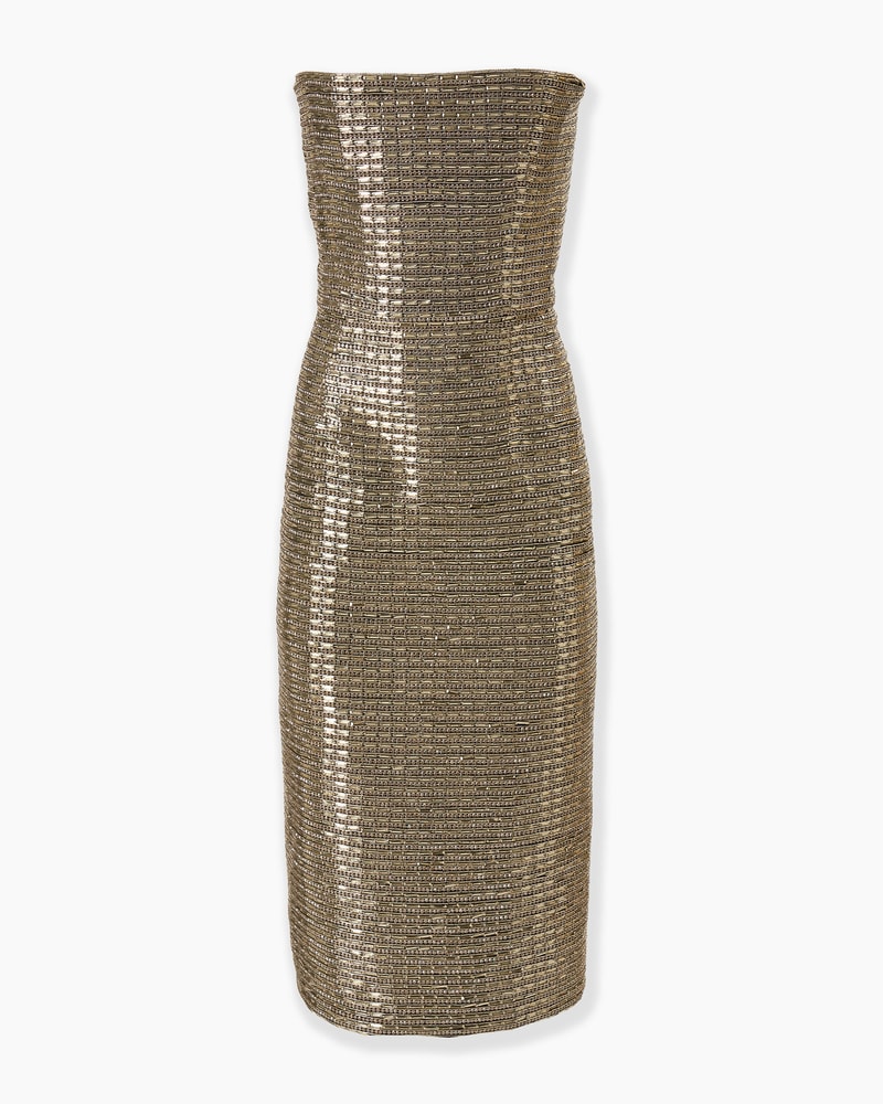 Gold-Embroidered Strapless Dress